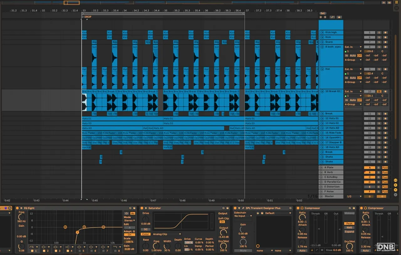 A high-passed break layer in Molecular All Systems drums group with EQ Eight, Saturator, a transient designer and two 8:1 compressors used for sidechain to the kick and snare