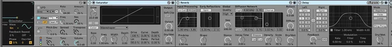 Ableton Live tech chord stab chain for liquid DnB: Operator, Saturator in Waveshaper mode, Reverb and Delay