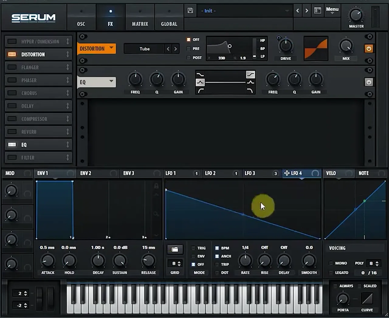 Serum FX for a DnB snare: Tube distortion followed by EQ, with LFO 4 drawn as an envelope on the EQ mid band gain