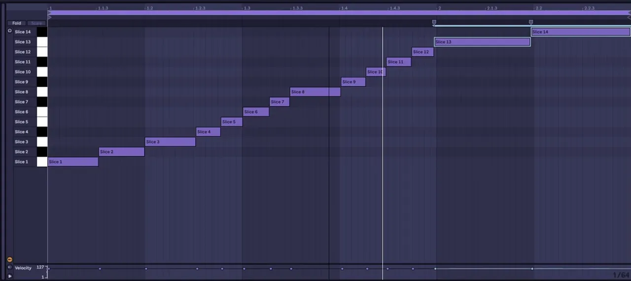 Ableton piano roll after Slice to New MIDI Track: an Amen break cut into 14 slices, each on its own note in a Drum Rack