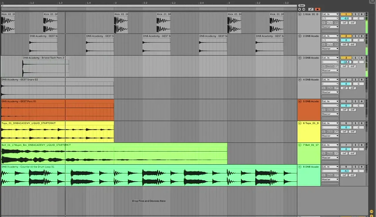 Ableton arrangement of an atmospheric liquid drum and bass beat with kick, snare, percussion, tops, bell and a break loop