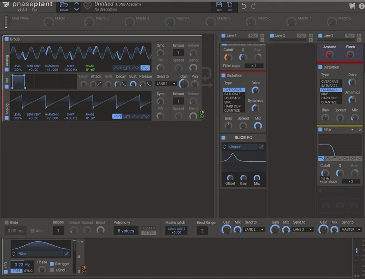 Phase Plant second low-pass filter with a slope of 2 after a Foldback distortion, for a bass like Alix Perez