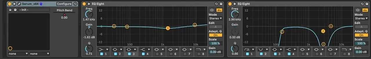 Ableton EQ Eight devices on a Serum lead layer, a gentle cut at 1.47 kHz then a low cut and deep notches around 2.9 kHz to remove harsh spots, mixing a lead like No Tomorrow