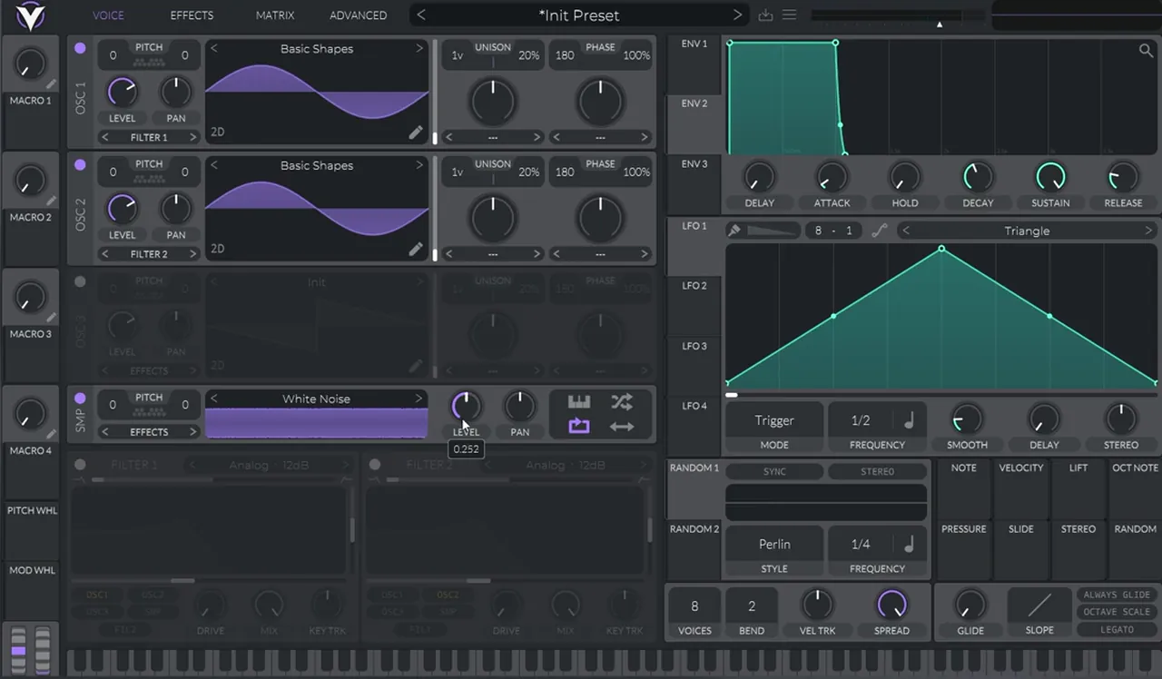 Vital patch for a future DnB noise bass hit: oscillators 1 and 2 loaded with Basic Shapes sine waves and the sampler on White Noise with its level at 0.252