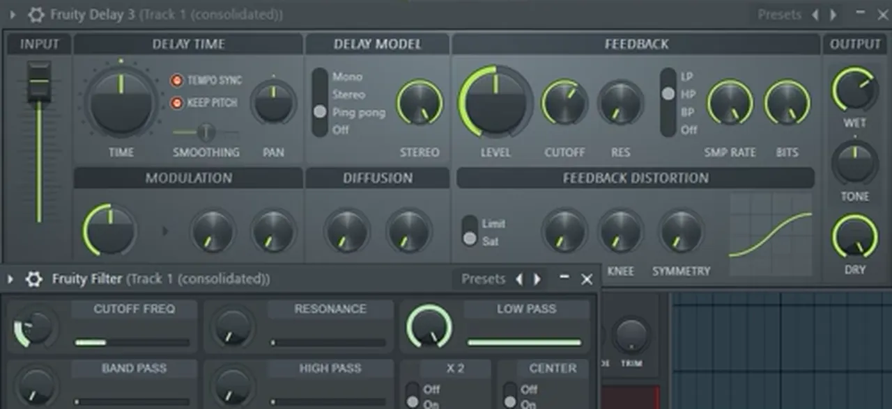 Fruity Delay 3 in FL Studio with tempo sync, keep pitch and ping pong mode on and a high-pass feedback filter