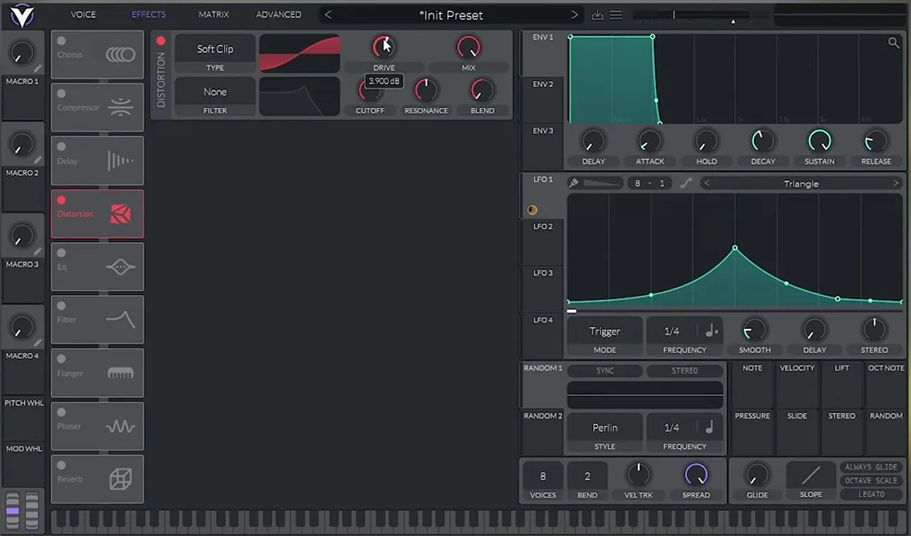 Vital effects tab with the distortion module on Soft Clip and the drive being boosted on a neuro bass