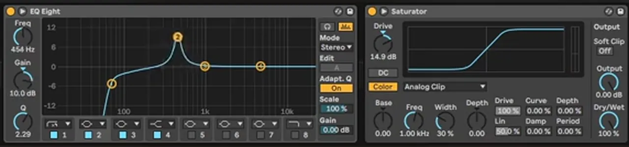 Ableton EQ Eight with a low cut and a bell boost at 454 Hz before a Saturator on Analog Clip with 14.9 dB of drive, choosing which harmonics of the foghorn bass get distorted