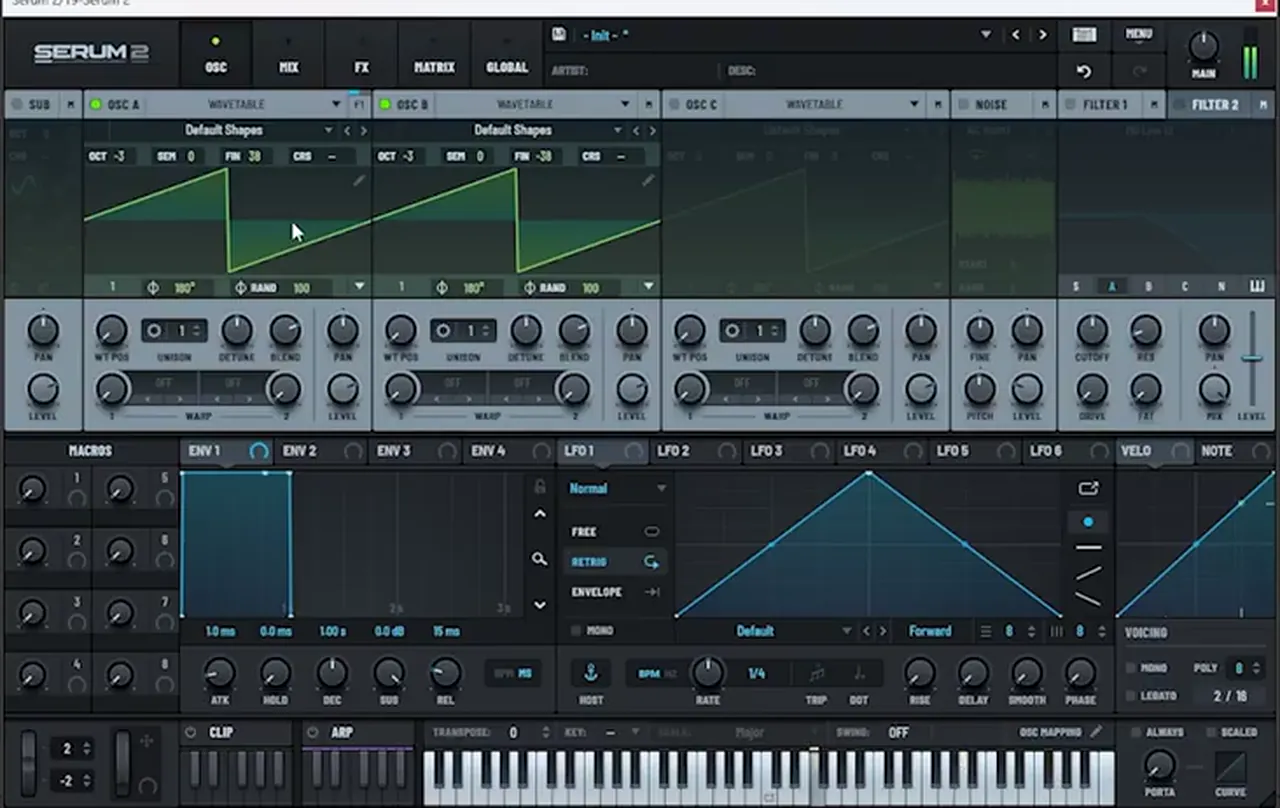 Serum 2 oscillator page: oscillators A and B on saw waves, both at octave -3, fine tuned to +38 and -38 cents for a reese bass