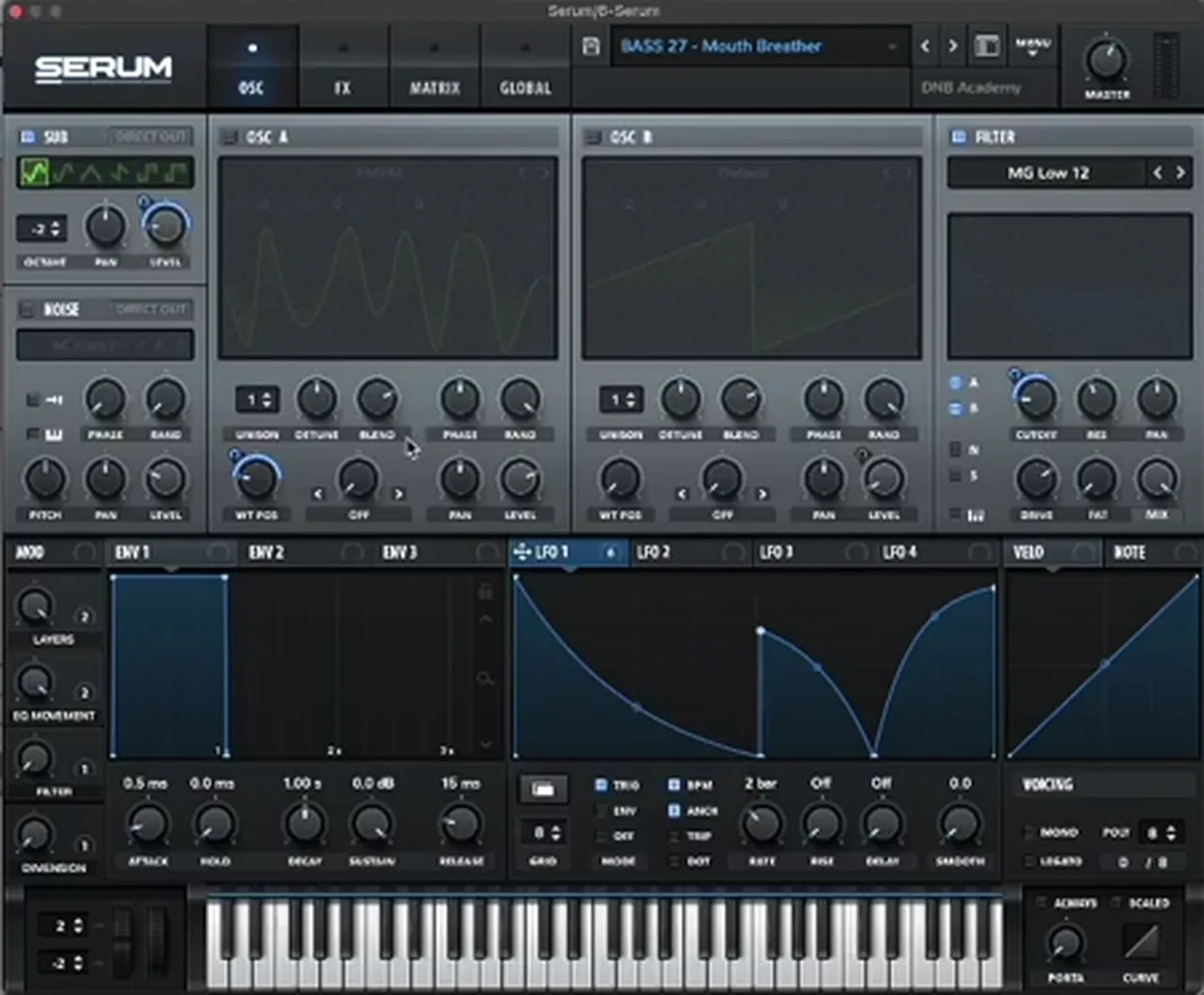 Serum patch copied as a matching DnB sub: oscillators A and B off, sub oscillator on at octave -2 with LFO 1 modulating its level