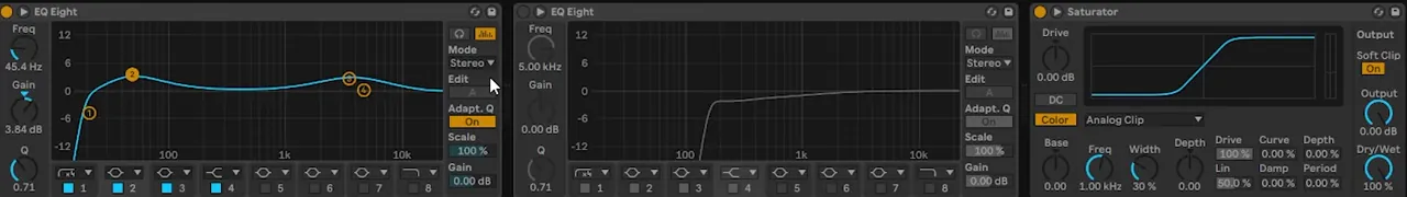 Ableton chain for the harmonics layer of a bass like Mefjus Hear Me: two EQ Eights and Saturator on Analog Clip with Soft Clip on