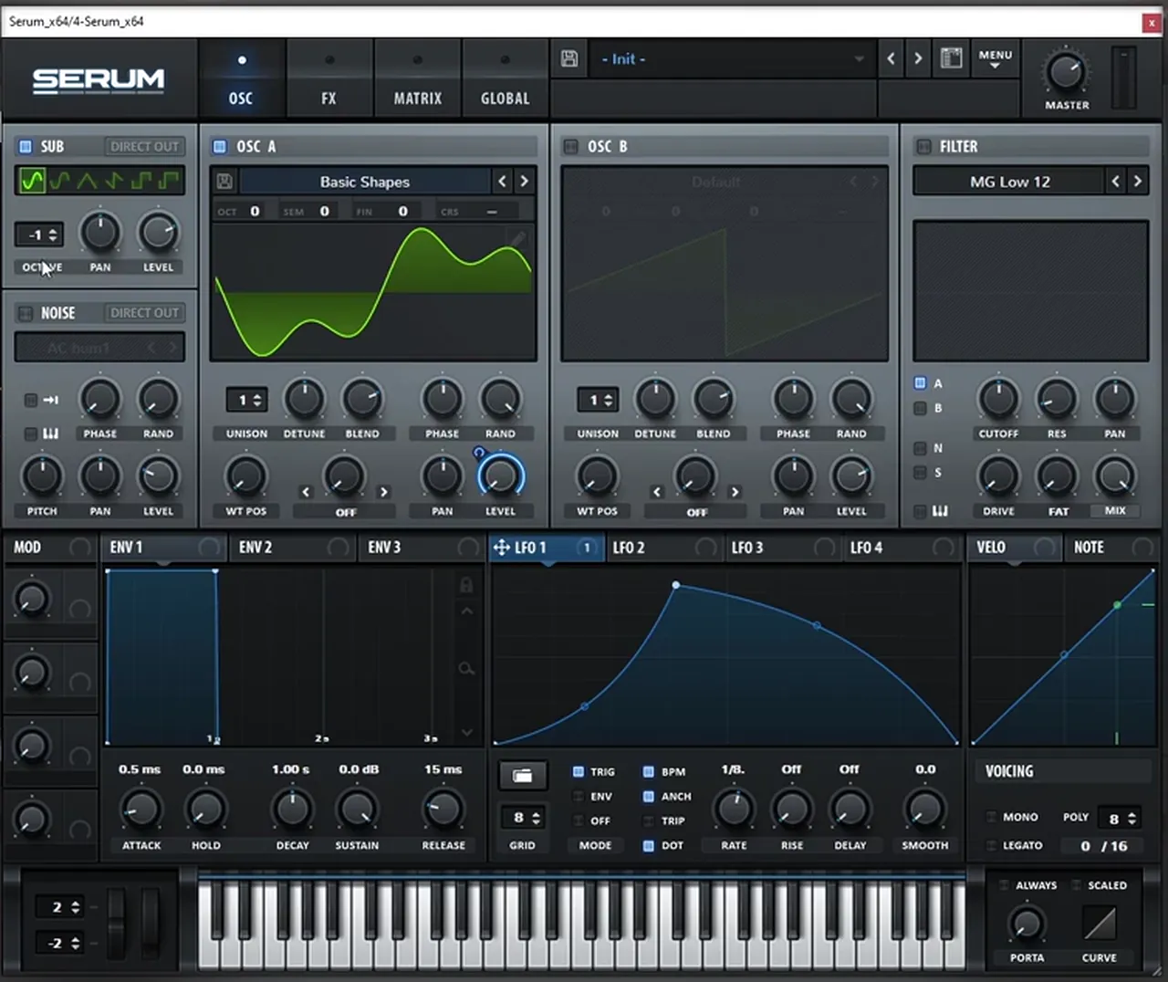 Serum liquid bass patch: LFO 1 on Oscillator A level in trigger mode at a dotted 1/8 rate, and the sub oscillator one octave down