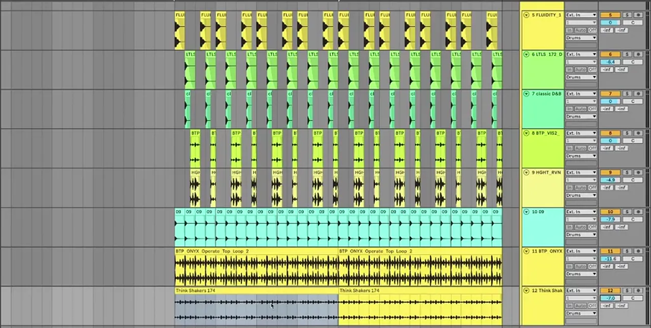 Ableton Live arrangement of layered liquid drum and bass drums: kick, snares and clap, hats, a shuffle, a top loop and a Think break shaker loop on separate tracks