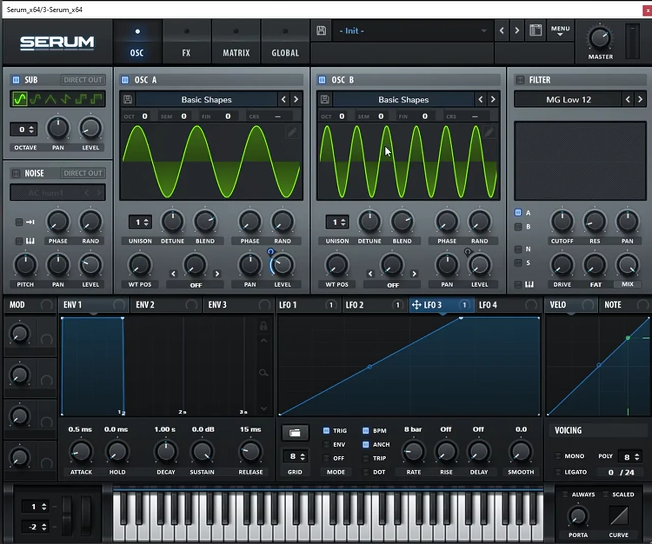 Serum LFO 3 with a rising 8-bar shape mapped downwards to oscillator A level for a foghorn bass like Skantia Clapper