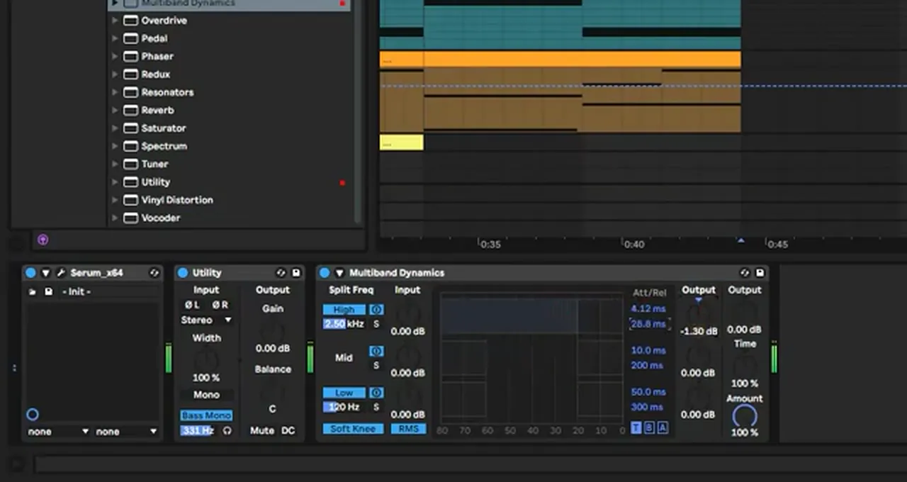 Ableton Live chain after Serum: Utility with Bass Mono at 331 Hz, then Multiband Dynamics compressing the high band above 2.50 kHz with 4.12 ms attack and minus 1.30 dB output