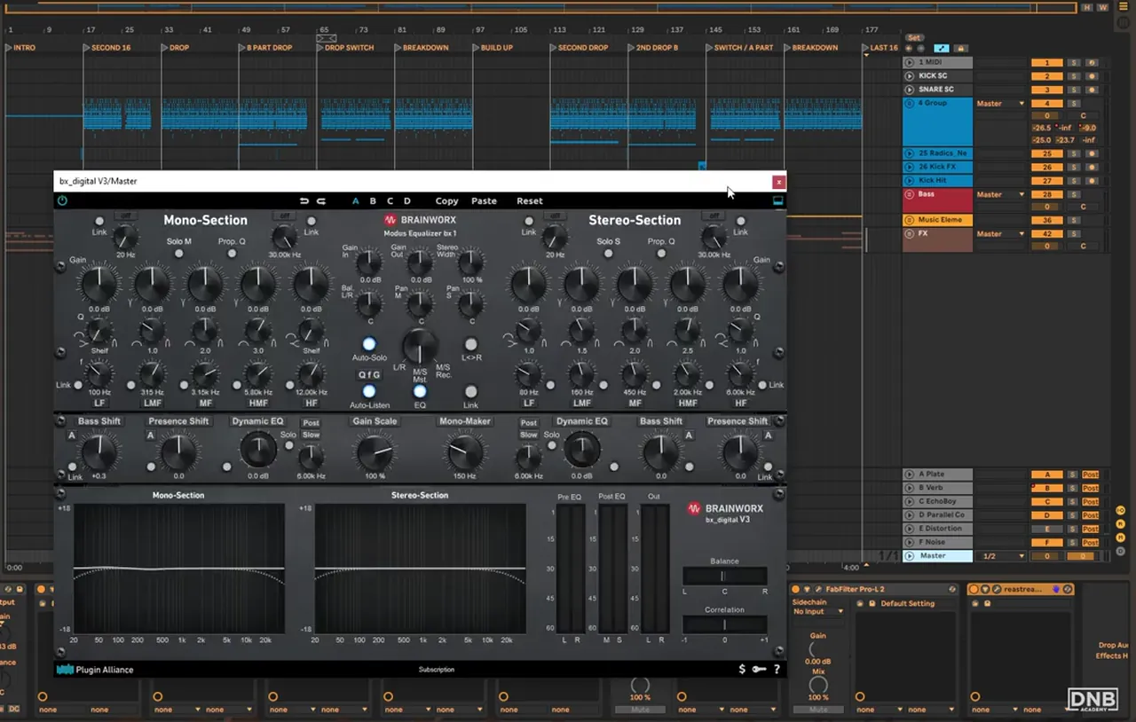 Brainworx bx_digital V3 on the master of Molecular All Systems with the Mono-Maker at 150 Hz, followed by elysia museq, Dangerous BAX, Maag EQ4, Ozone 9 and FabFilter Pro-L 2