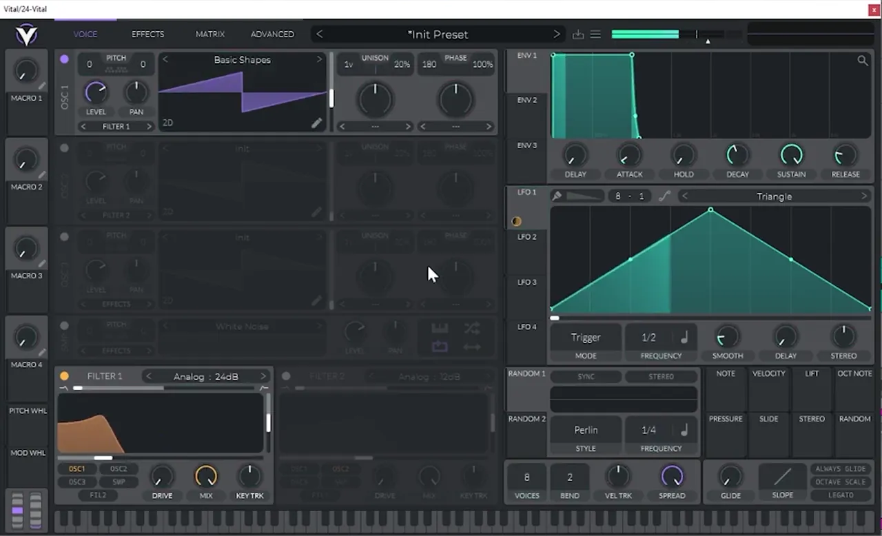 Vital oscillator 1 set to a saw from Basic Shapes into Filter 1 on Analog 24 dB for Icicle’s neuro stab