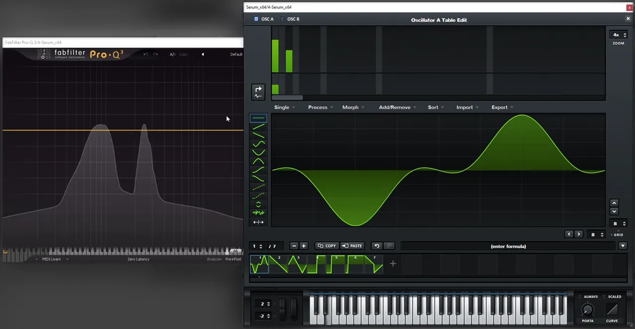 Serum Oscillator A table editor with a sine fundamental and one added harmonic, next to a Pro-Q 3 analyser showing two peaks