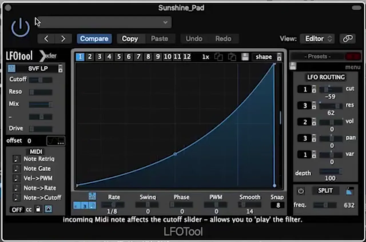 LFOTool on a dancefloor drum and bass pad: SVF LP filter, rate 1/8, rising curve routed to cutoff and resonance