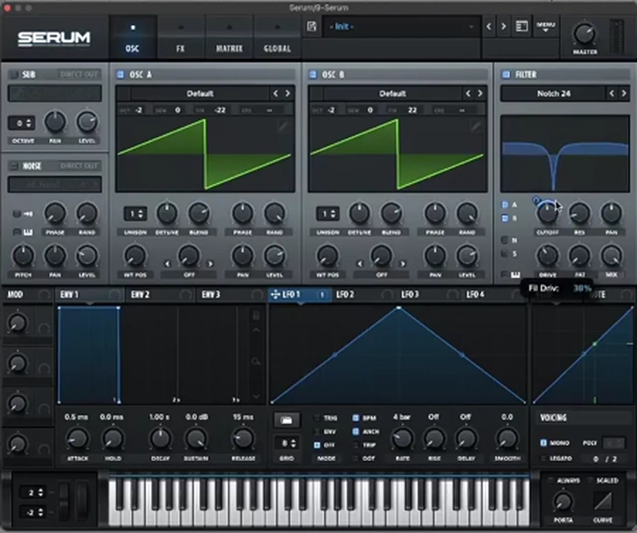Serum patch for a liquid DnB filler bass: two default saws an octave down with opposite fine detune, Notch 24 filter and an LFO, before resampling