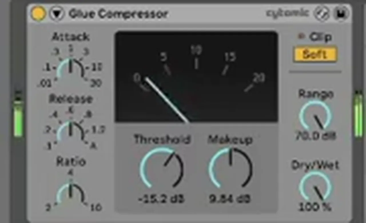 Ableton Glue Compressor on a liquid DnB drum bus: ratio 4, threshold -15.2 dB, makeup 9.84 dB, Soft clip on, dry/wet 100 percent