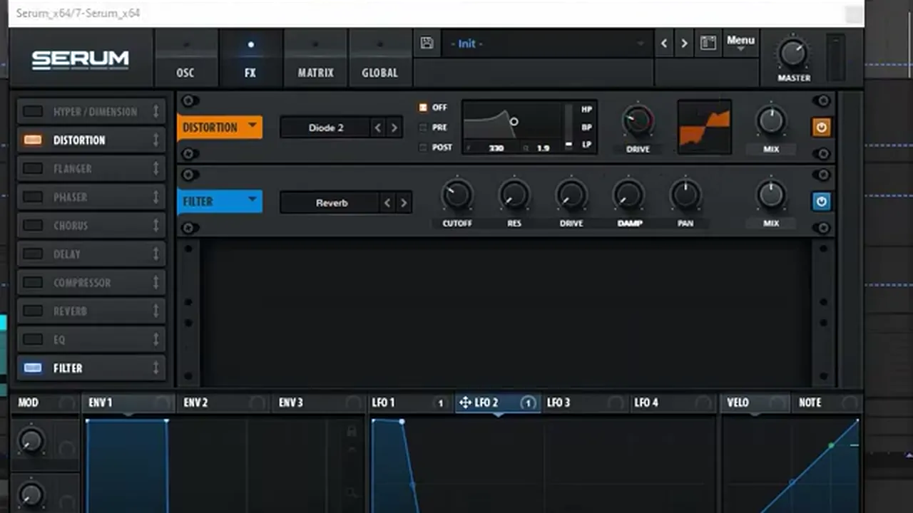 Serum FX on the response bass: Distortion set to Diode 2 followed by the FX filter in Reverb mode