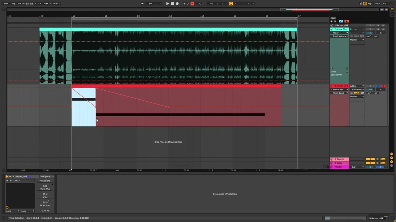 Ableton Live clip for a foghorn bass like Skantia and Annix Clapper: an A then an E with pitch bend automation at the start of each note