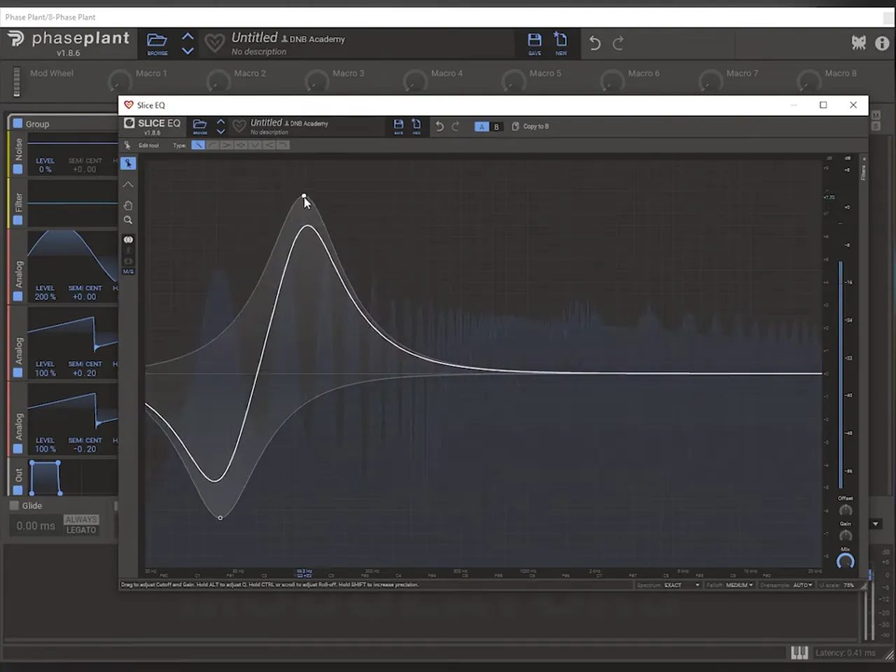 Phase Plant Slice EQ boosting the second harmonic and cutting the sub before heavy distortion on the reese, for a bass like Mefjus Hear Me