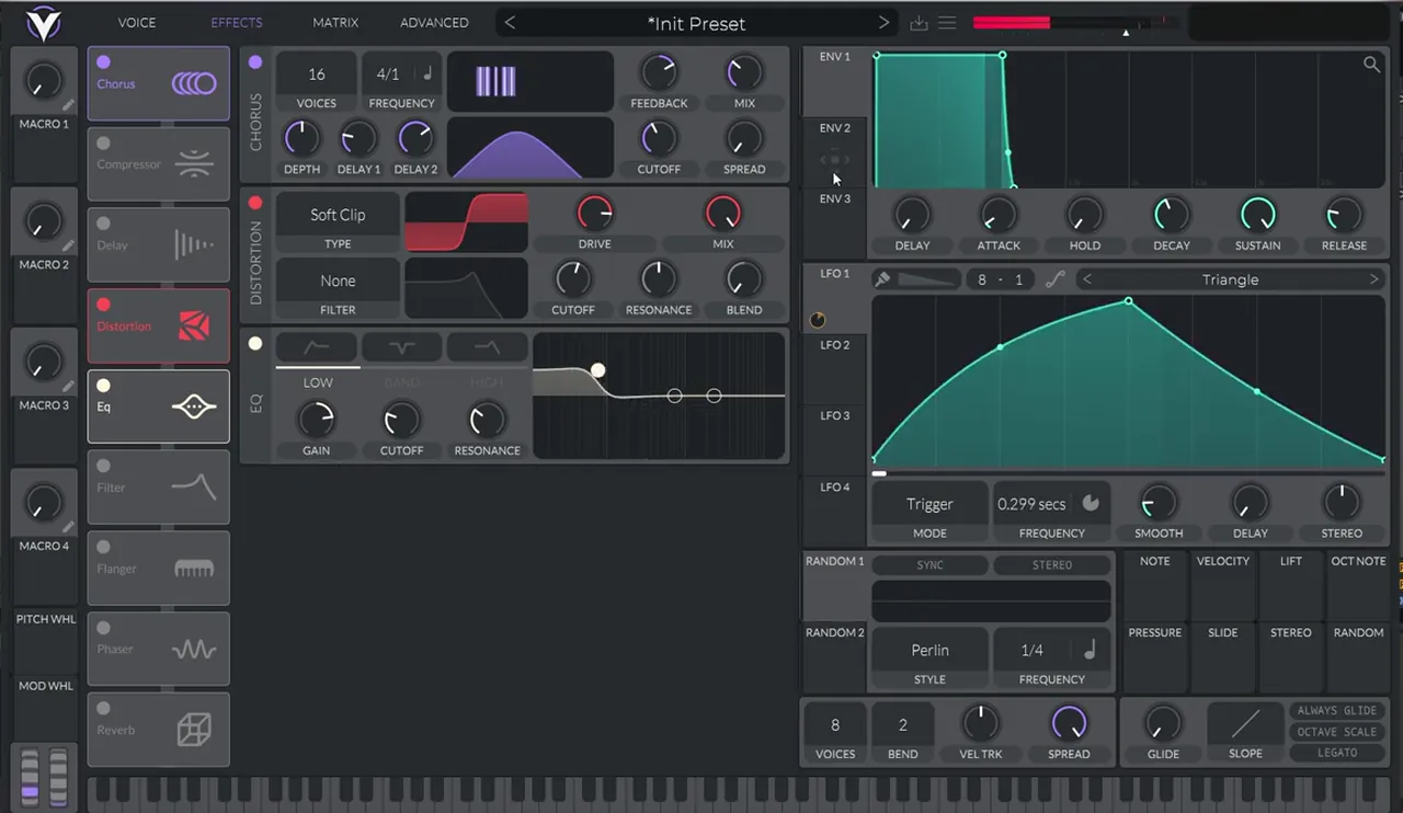 Vital effects for a bass like Bou and Mark XTC Breathe: chorus with spread down, Soft Clip distortion with the drive up, and the EQ enabled