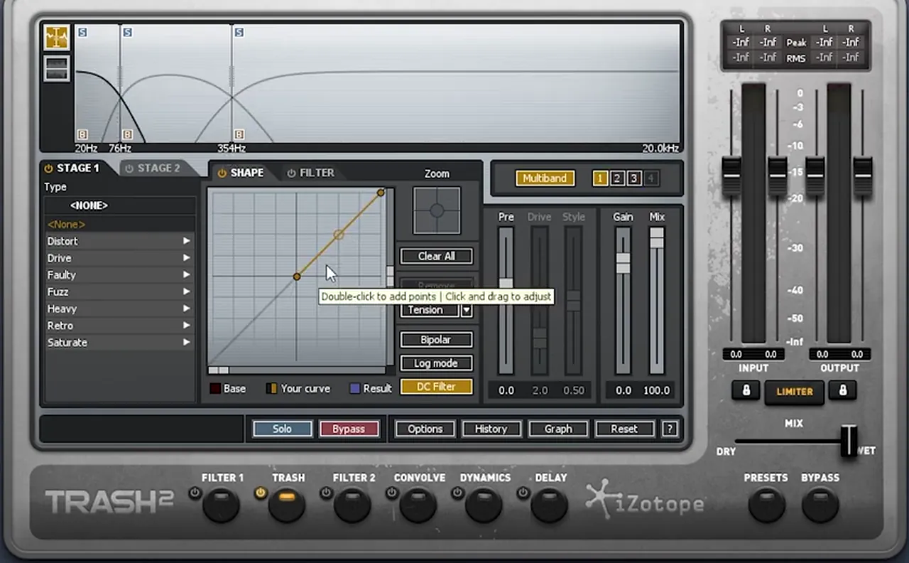 iZotope Trash 2 in Multiband mode with three bands split at 76 Hz and 354 Hz, the waveshaper curve boosted on the middle band