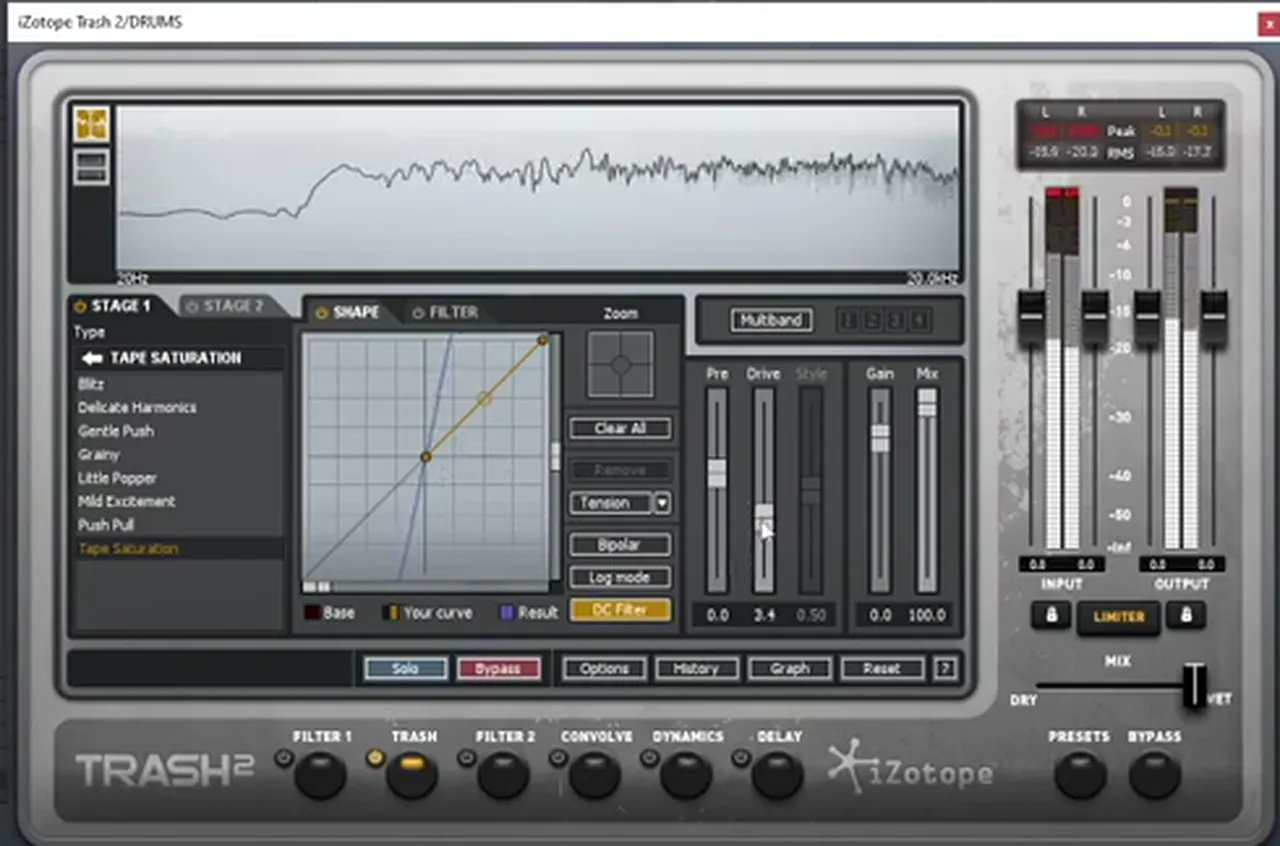iZotope Trash on a DnB drum bus set to Tape Saturation with a little drive and no wave-shaping