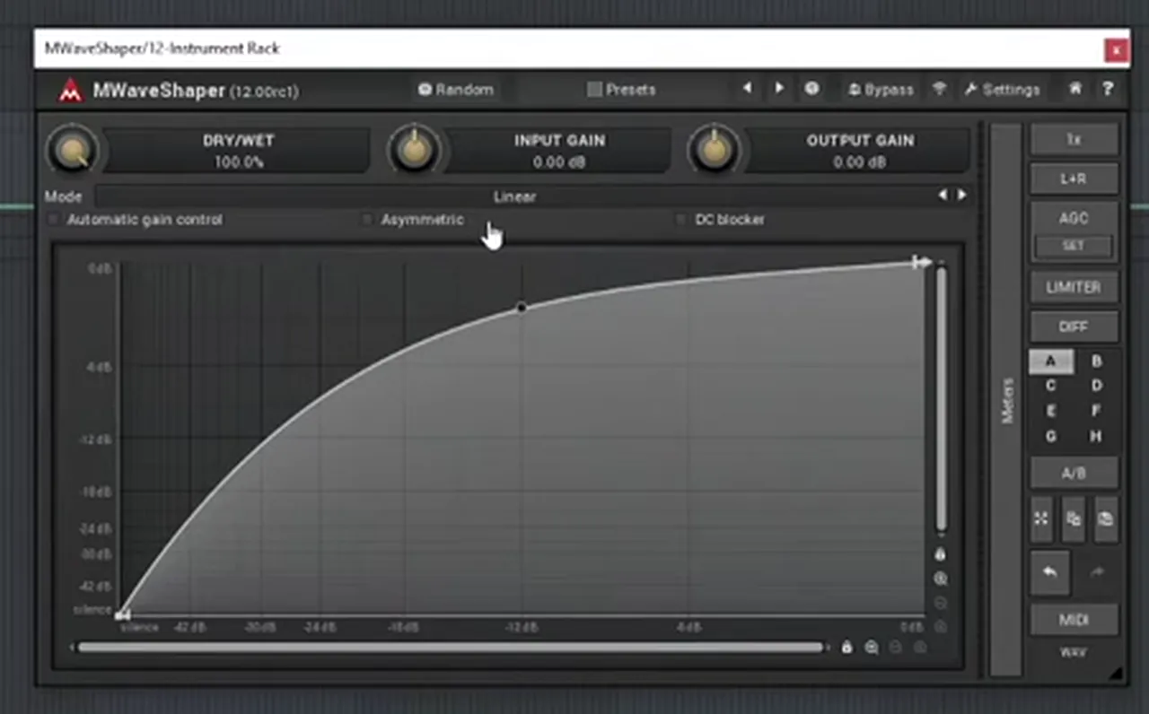 MWaveShaper on a drum and bass kick Instrument Rack: dry/wet 100%, input and output gain 0 dB, soft saturation curve