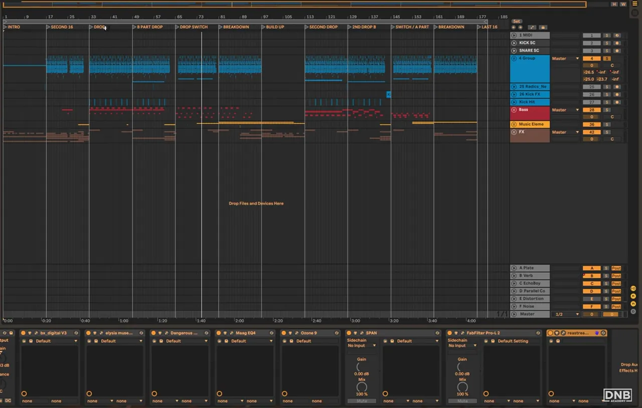 Ableton Live arrangement of Molecular All Systems with markers for intro, drop, B part drop, drop switch, breakdown, build up and second drop, the drums, bass, music elements and FX groups, and the master chain