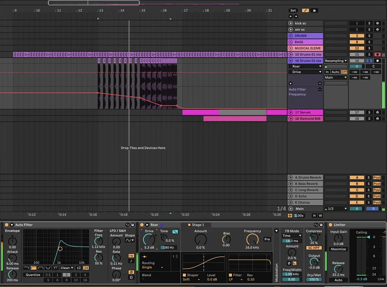 Ableton Live drum and bass kick roll build-up with resonant Auto Filter frequency automation, Roar distortion and a Limiter