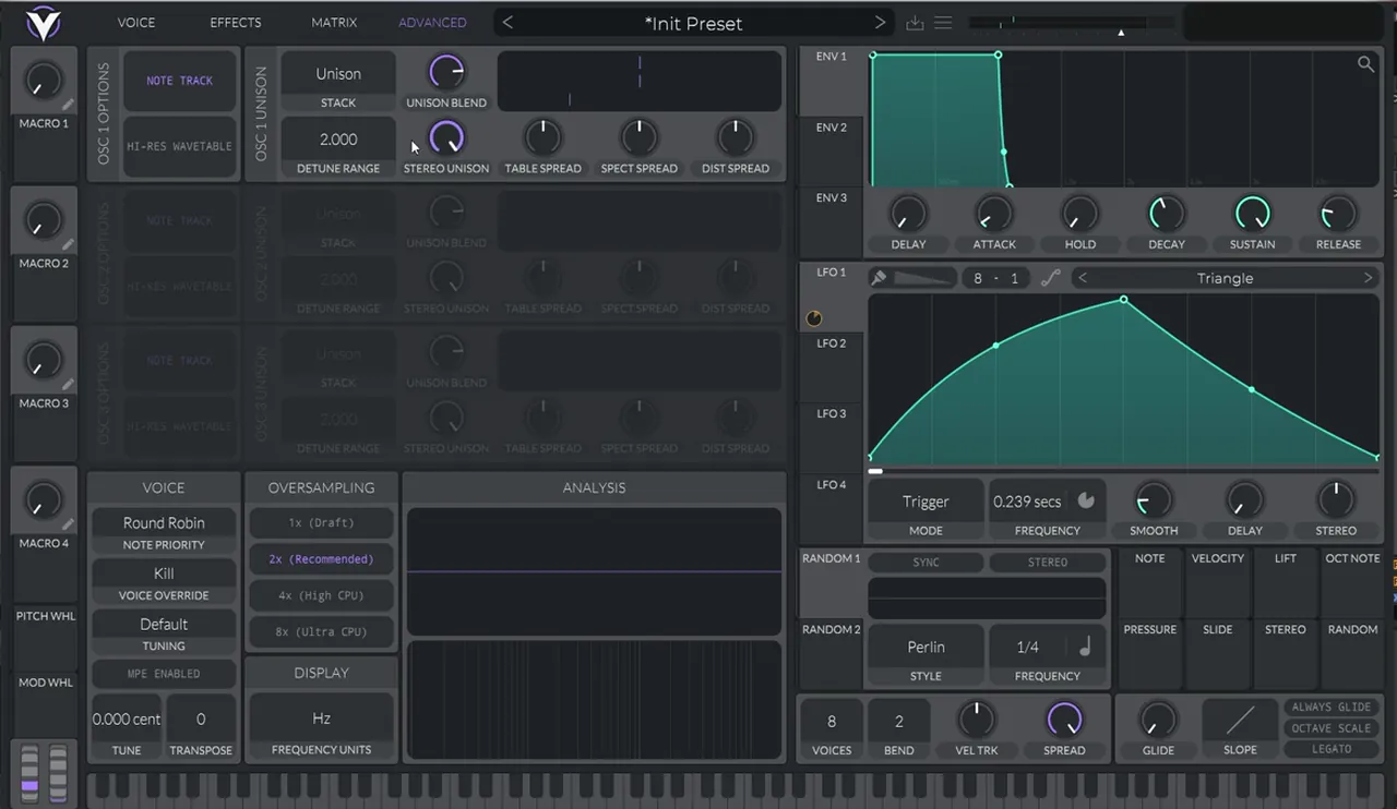 Vital Advanced tab, oscillator 1 unison options with stereo unison turned down so the 4-voice unison on the Breathe-style bass stays mono