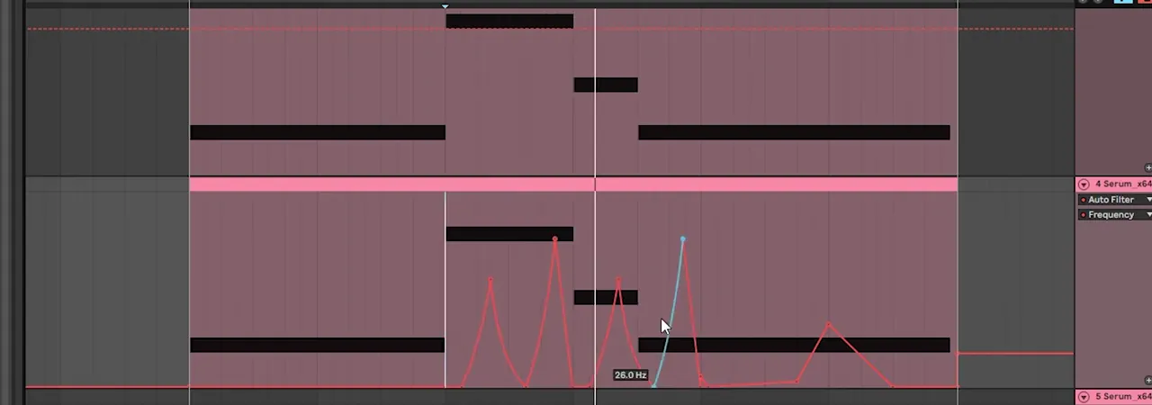 Ableton Live arrangement for the second Monrroe-style bass: Auto Filter frequency automation drawn as sharp peaks over the B and G notes, with the main bass MIDI above