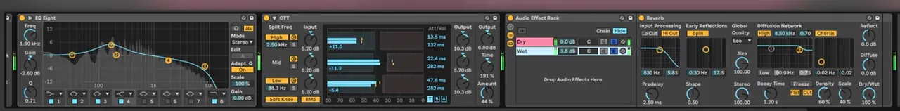 Ableton Live Audio Effect Rack with Dry and Wet chains for parallel reverb on a DnB bass, after EQ Eight and OTT, with Reverb at 100% dry/wet