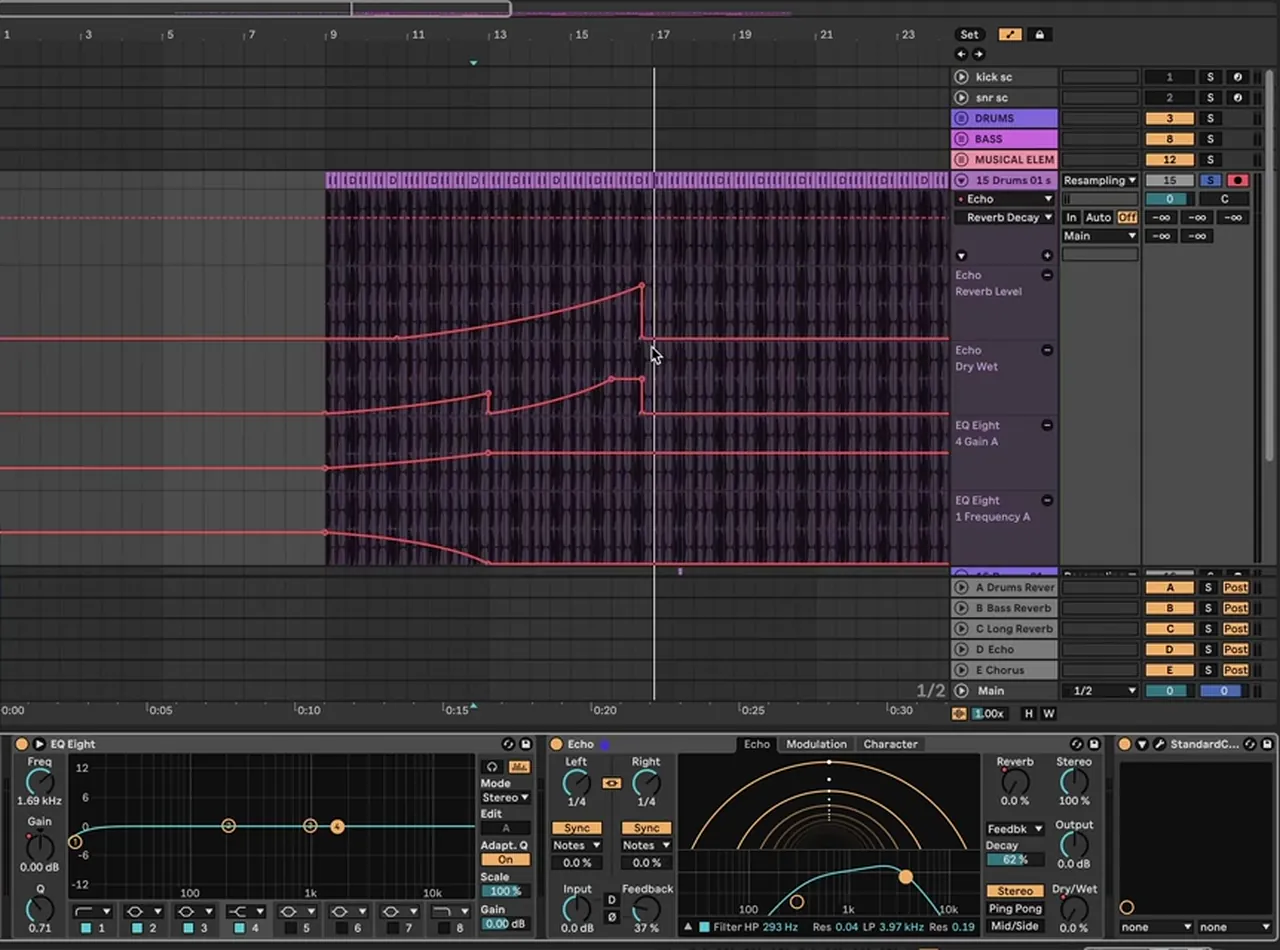 Ableton Live drum and bass build-up: EQ Eight filter frequency and gain automation plus Echo dry/wet and reverb automation on a drum loop