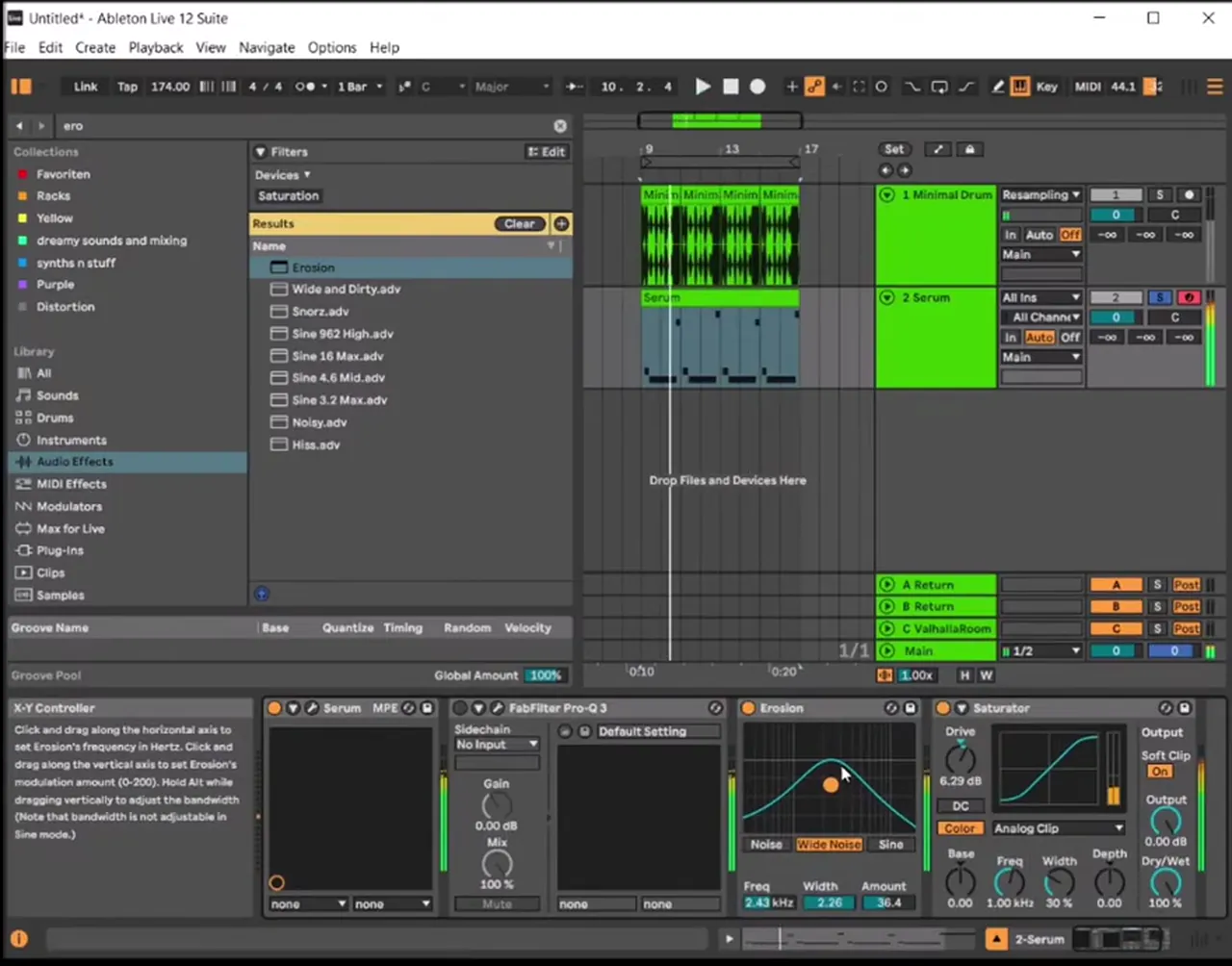 Ableton Live Erosion on Wide Noise at 2.43 kHz, width 2.26 and amount 36.4 before the Saturator on a deep bass