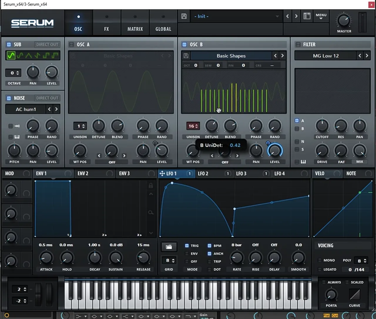 Serum variation of the foghorn bass with oscillator A off, noise added and 16 unison voices on oscillator B