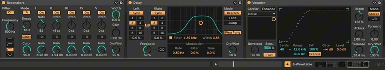 Ableton Resonators, Delay and Vocoder with a noise carrier and 40 bands adding a watery texture to liquid DnB chords