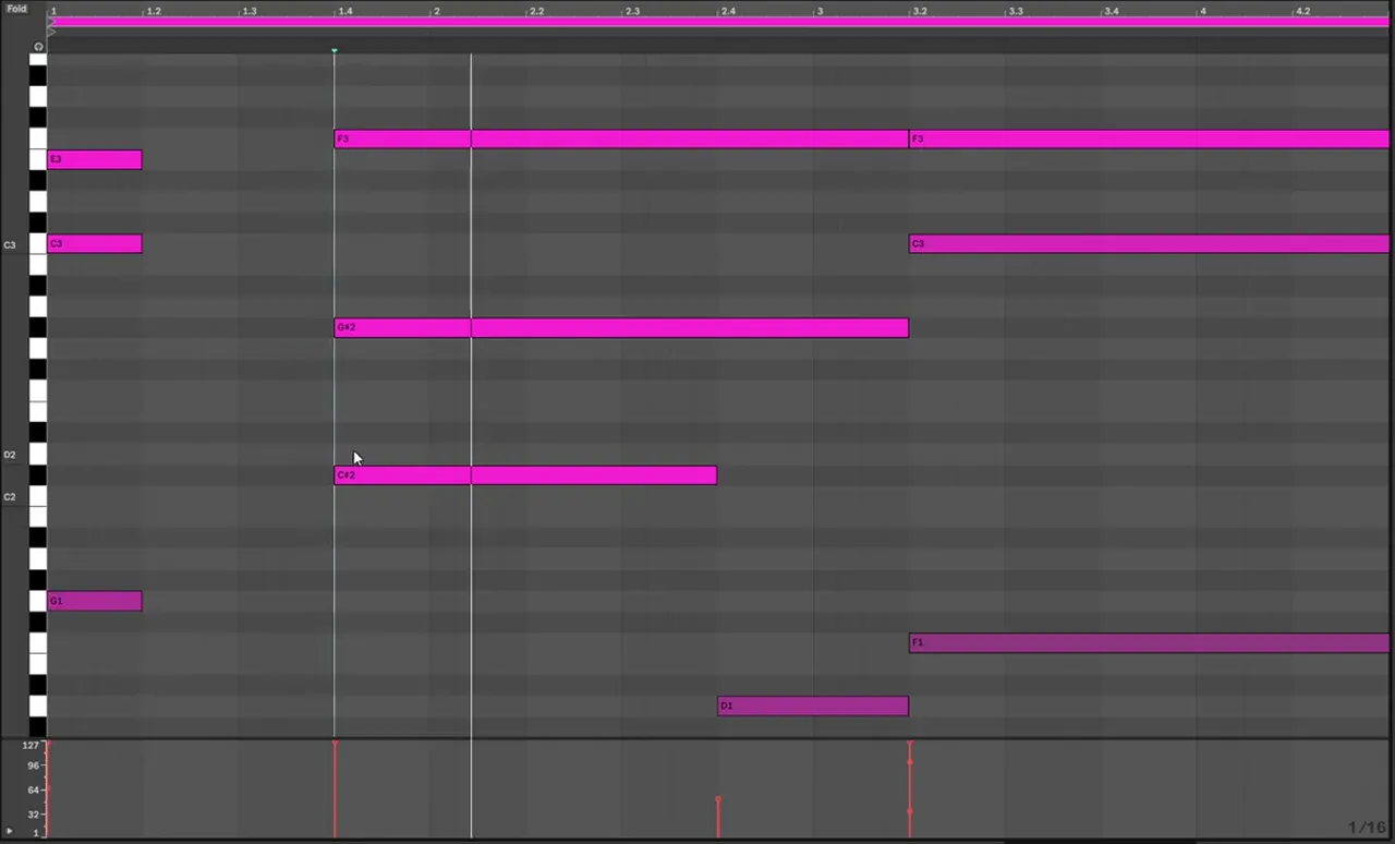Ableton piano roll with a C major chord moving up a semitone to a C sharp chord in a different inversion, the chromatic chord progression behind a No Tomorrow style lead