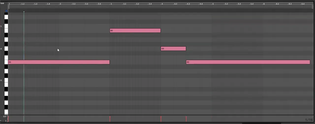 Ableton Live piano roll for a bass like Monrroe’s Out of Time: long E0 note, B0, a short G0, then a long E0, a 1-5-3-1 progression in E