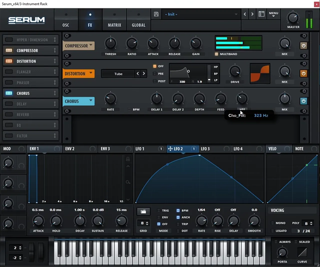Serum chorus with its high-pass filter around 323 Hz and LFO 2 at a 1/64 rate on the noise level, adding a rattle to a Nagow-style foghorn bass