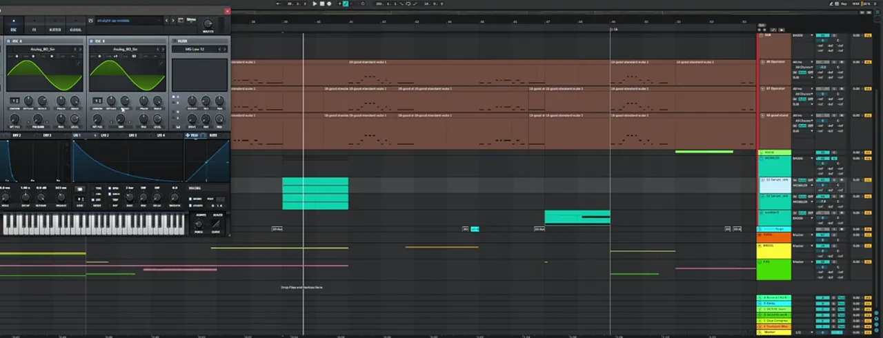 Octavate Straight Up bass group in Ableton: three stacked bass layers and the wobbler Serum patch with two sine oscillators