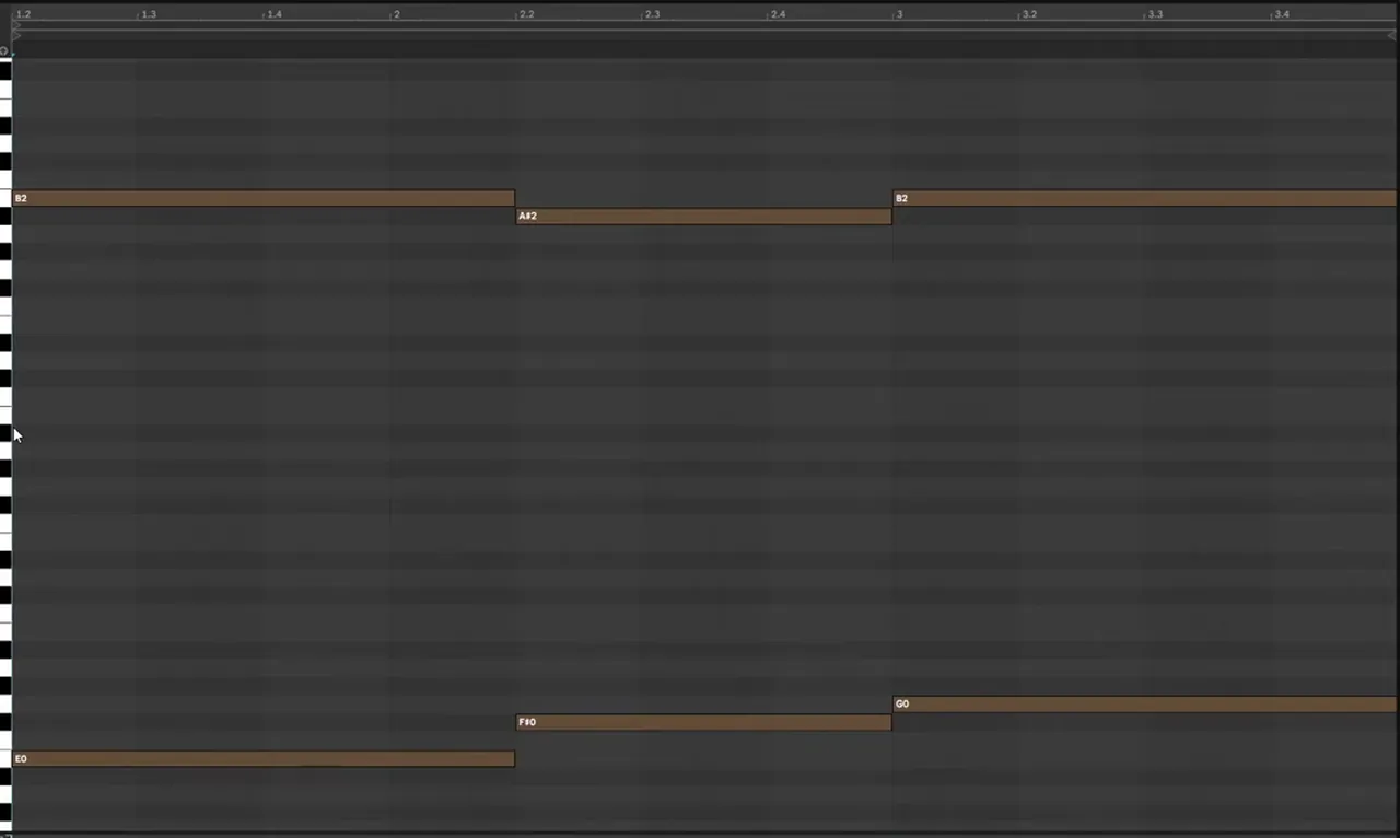 Ableton piano roll for the harmonics layer of a bass like Mefjus Hear Me: low notes E, F sharp and G under high notes B, A sharp and B