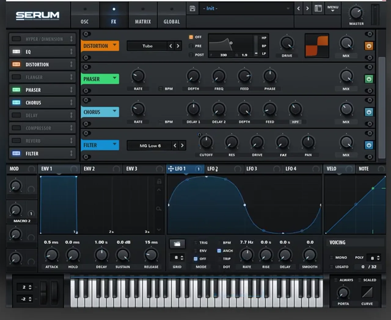 Serum FX chain for a Mefjus style reese: EQ, Tube distortion, phaser, chorus and an MG Low 6 filter with a sine LFO