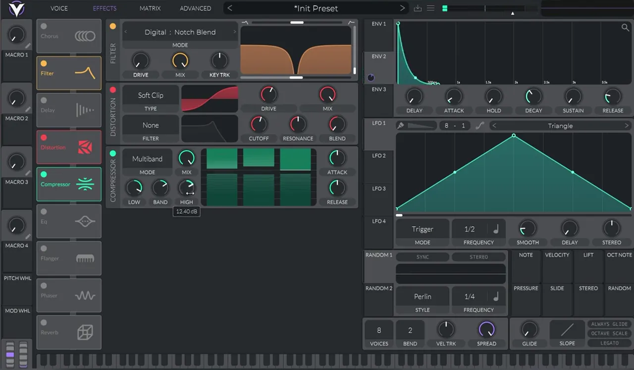 Vital multiband compressor placed after the distortion with the low band boosted and the high band reduced, for a future DnB noise bass hit