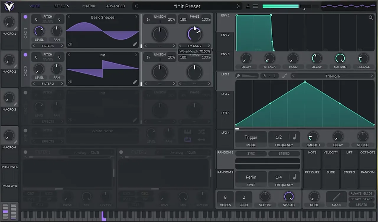 Vital oscillator 1 on Basic Shapes with FM OSC 2 selected at about 70% for a Noisia-style neuro bass