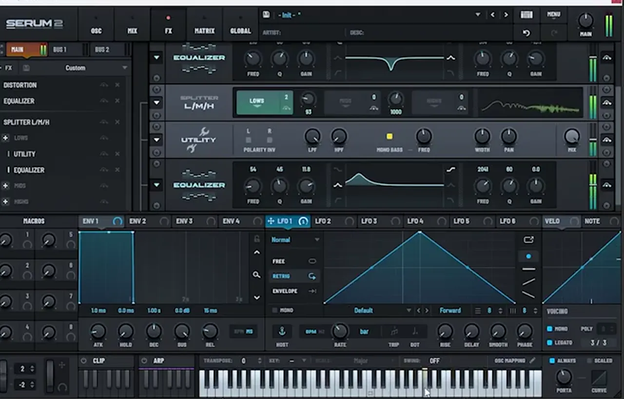 Serum 2 low band chain: Utility with Mono Bass enabled and an EQ bell boost of 11.8 dB at 54 Hz