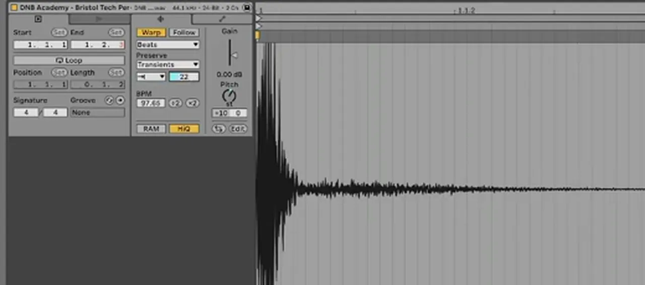 Ableton Live clip view on a DnB percussion one-shot: Warp on, Beats mode, Preserve Transients, transient envelope at 22 and pitch +10 semitones